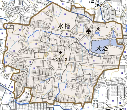水栖とその周辺の地図。町の範囲を重ねている
