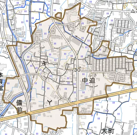 中迫とその周辺の地図。町の範囲を重ねている