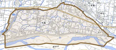 中島とその周辺の地図。町の範囲を重ねている