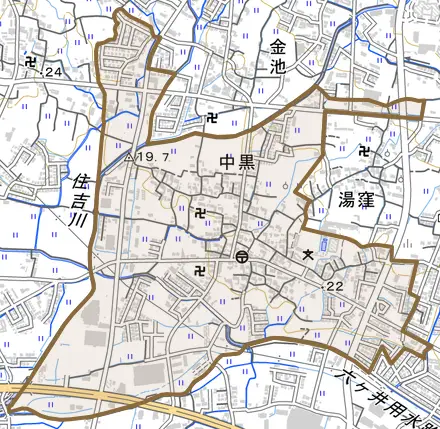 中黒とその周辺の地図。町の範囲を重ねている
