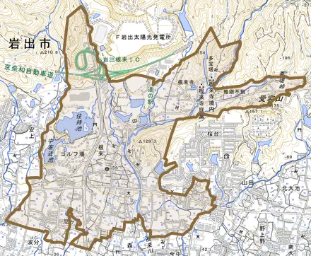 根来とその周辺の地図。町の範囲を重ねている