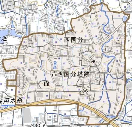 西国分とその周辺の地図。町の範囲を重ねている