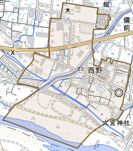 西野とその周辺の地図。町の範囲を重ねている