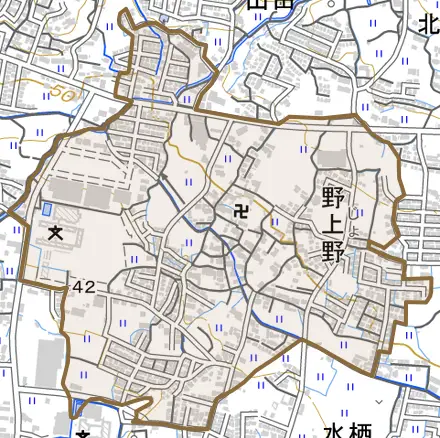 野上野とその周辺の地図。町の範囲を重ねている