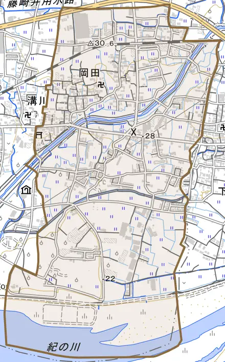 岡田とその周辺の地図。町の範囲を重ねている