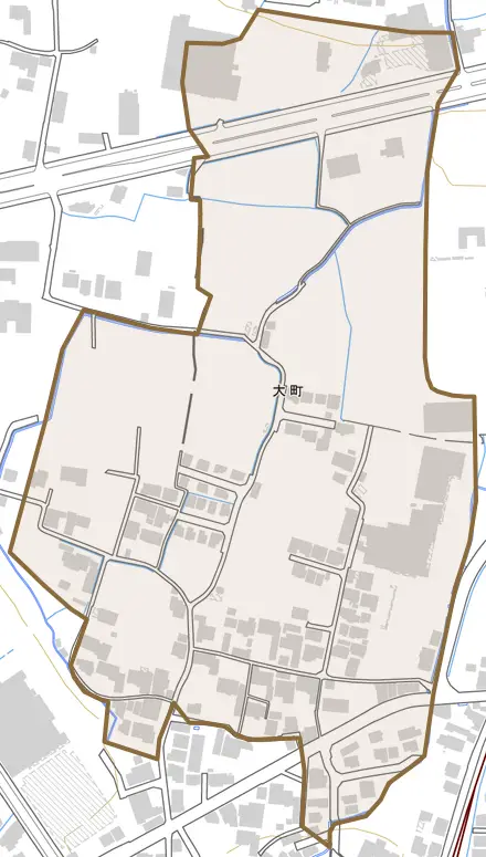 大町とその周辺の地図。町の範囲を重ねている