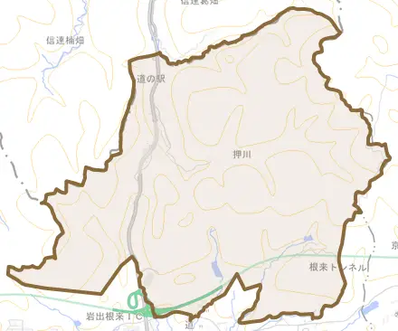 押川とその周辺の地図。町の範囲を重ねている