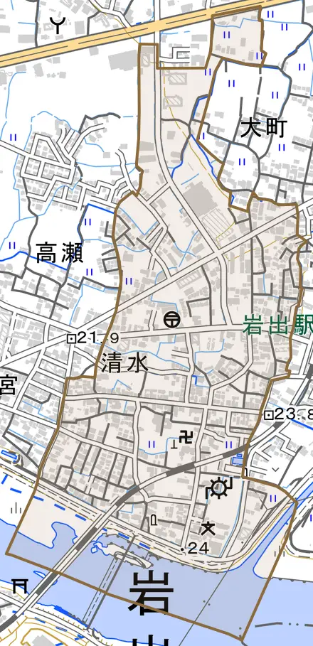 清水とその周辺の地図。町の範囲を重ねている