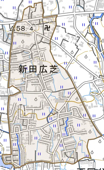 新田広芝とその周辺の地図。町の範囲を重ねている