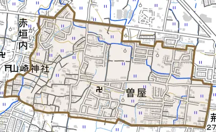 曽屋とその周辺の地図。町の範囲を重ねている
