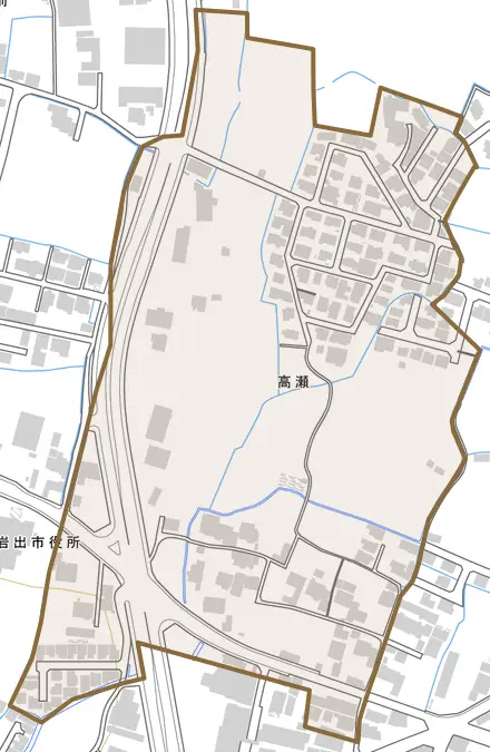 高瀬とその周辺の地図。町の範囲を重ねている