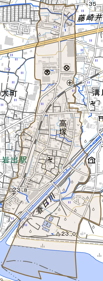 高塚とその周辺の地図。町の範囲を重ねている
