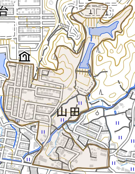山田とその周辺の地図。町の範囲を重ねている