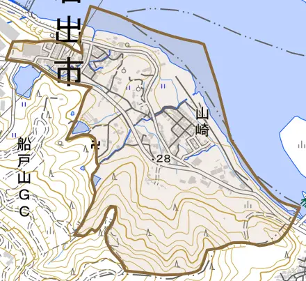 山崎とその周辺の地図。町の範囲を重ねている