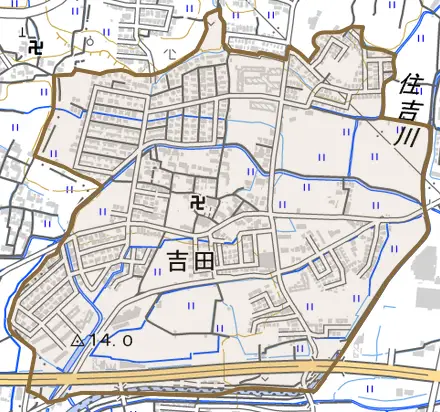 吉田とその周辺の地図。町の範囲を重ねている
