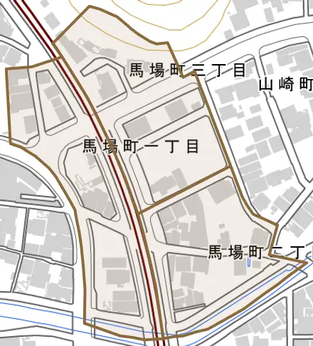 馬場町とその周辺の地図。町の範囲を重ねている