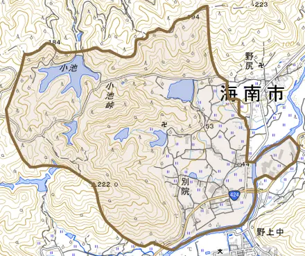 別院とその周辺の地図。町の範囲を重ねている