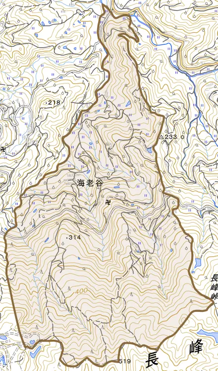 海老谷とその周辺の地図。町の範囲を重ねている