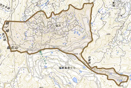 扱沢とその周辺の地図。町の範囲を重ねている