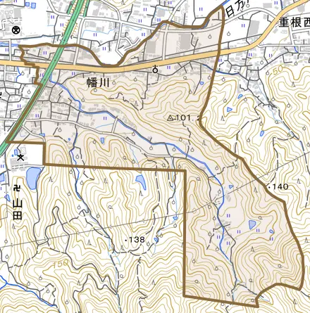 幡川とその周辺の地図。町の範囲を重ねている