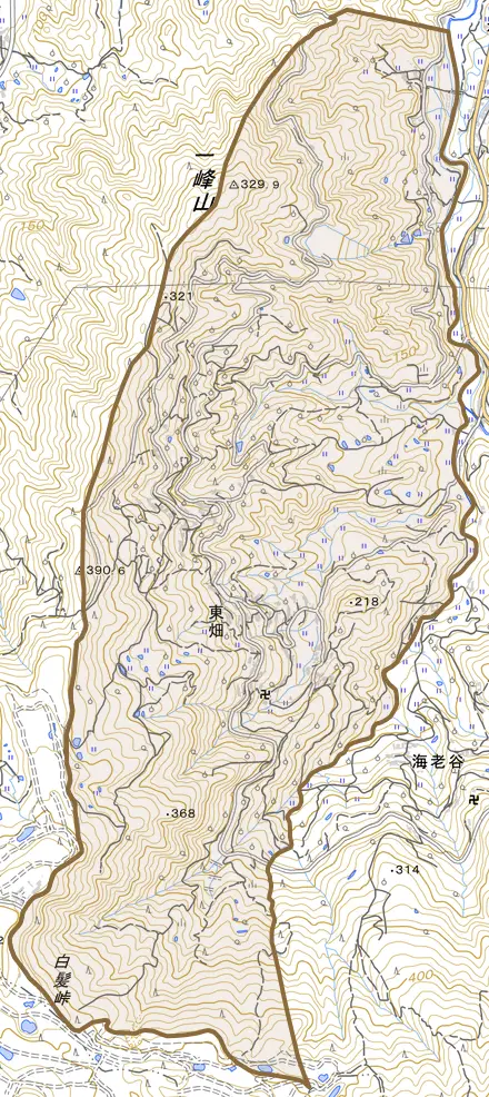 東畑とその周辺の地図。町の範囲を重ねている