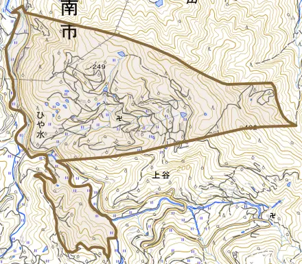 ひや水とその周辺の地図。町の範囲を重ねている