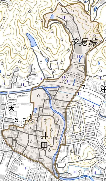 井田とその周辺の地図。町の範囲を重ねている