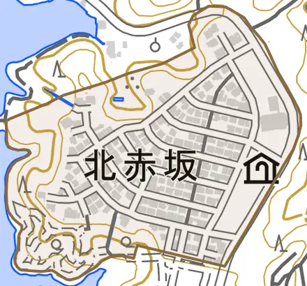 北赤坂とその周辺の地図。町の範囲を重ねている