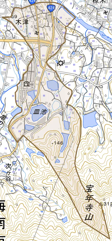 木津とその周辺の地図。町の範囲を重ねている