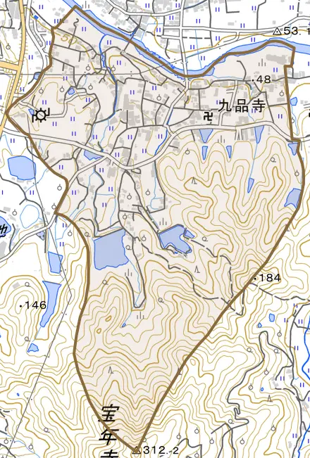 九品寺とその周辺の地図。町の範囲を重ねている