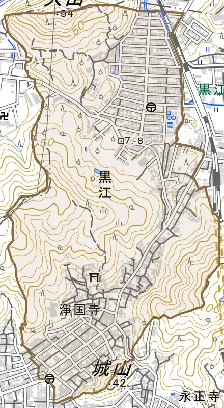 黒江とその周辺の地図。町の範囲を重ねている