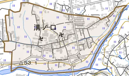 溝ノ口とその周辺の地図。町の範囲を重ねている
