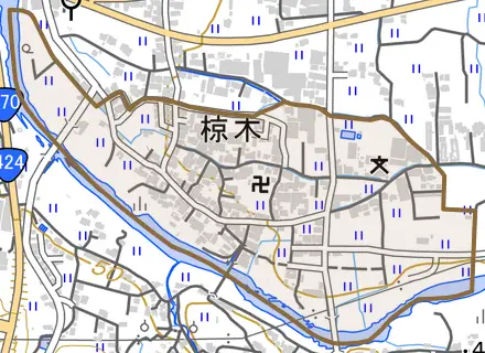 椋木とその周辺の地図。町の範囲を重ねている