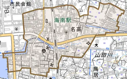 名高とその周辺の地図。町の範囲を重ねている