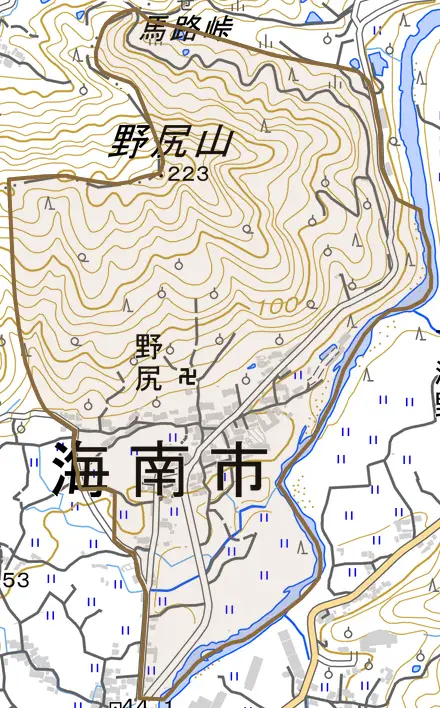 野尻とその周辺の地図。町の範囲を重ねている