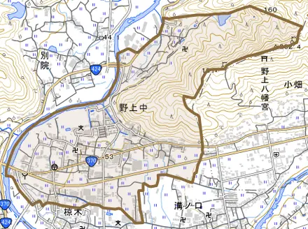 野上中とその周辺の地図。町の範囲を重ねている