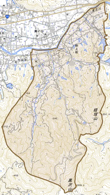 野上新とその周辺の地図。町の範囲を重ねている