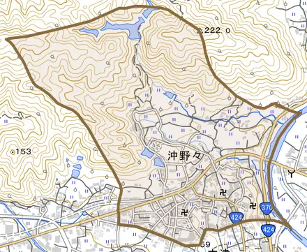 沖野々とその周辺の地図。町の範囲を重ねている