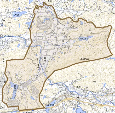 小野田とその周辺の地図。町の範囲を重ねている