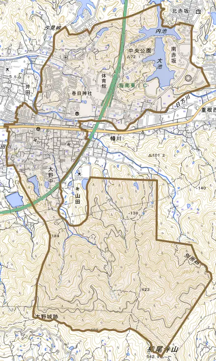 大野中とその周辺の地図。町の範囲を重ねている