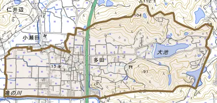 多田とその周辺の地図。町の範囲を重ねている