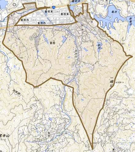 重根とその周辺の地図。町の範囲を重ねている