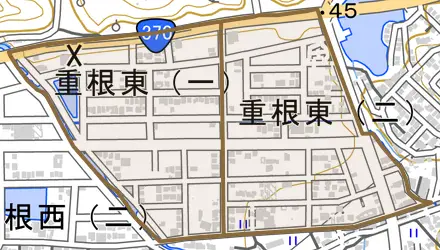 重根東とその周辺の地図。町の範囲を重ねている