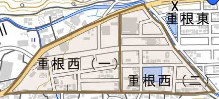 重根西とその周辺の地図。町の範囲を重ねている