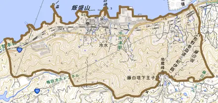 冷水とその周辺の地図。町の範囲を重ねている