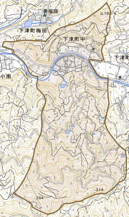 下津町中とその周辺の地図。町の範囲を重ねている