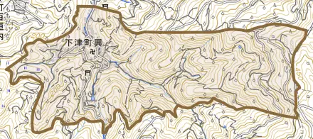下津町興とその周辺の地図。町の範囲を重ねている