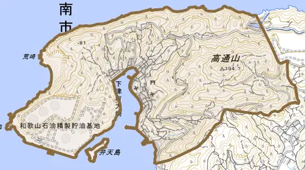 下津町大崎とその周辺の地図。町の範囲を重ねている