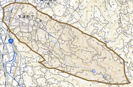 下津町丁とその周辺の地図。町の範囲を重ねている