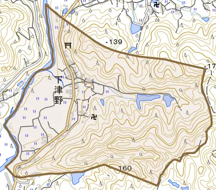 下津野とその周辺の地図。町の範囲を重ねている